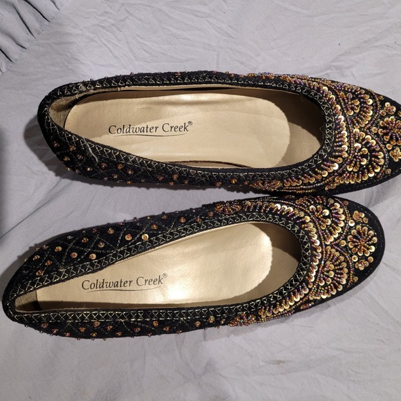 Coldwater‎ Creek Women's SZ 8 black beaded sequined flats festival artsy vintage - Picture 2 of 10